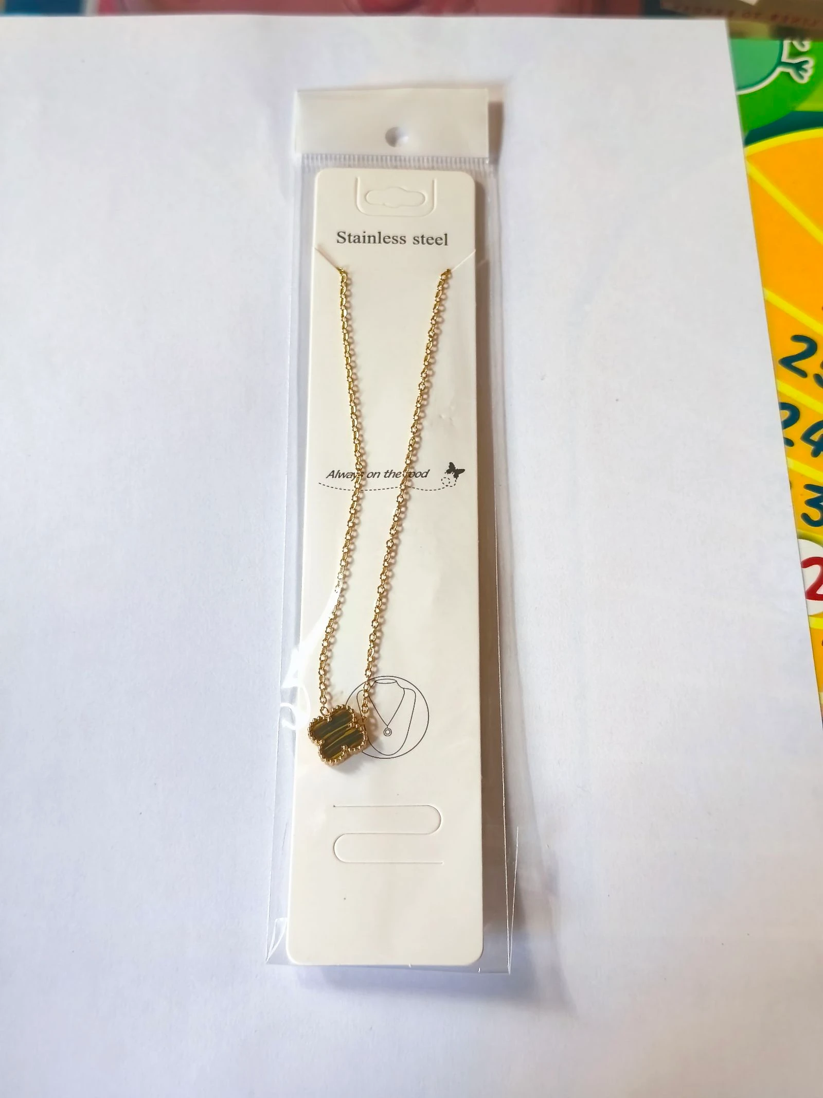 Conjunto de gargantila pulseira e brincos de trevo com corrente dourada de aço olho de tigre – photo 6